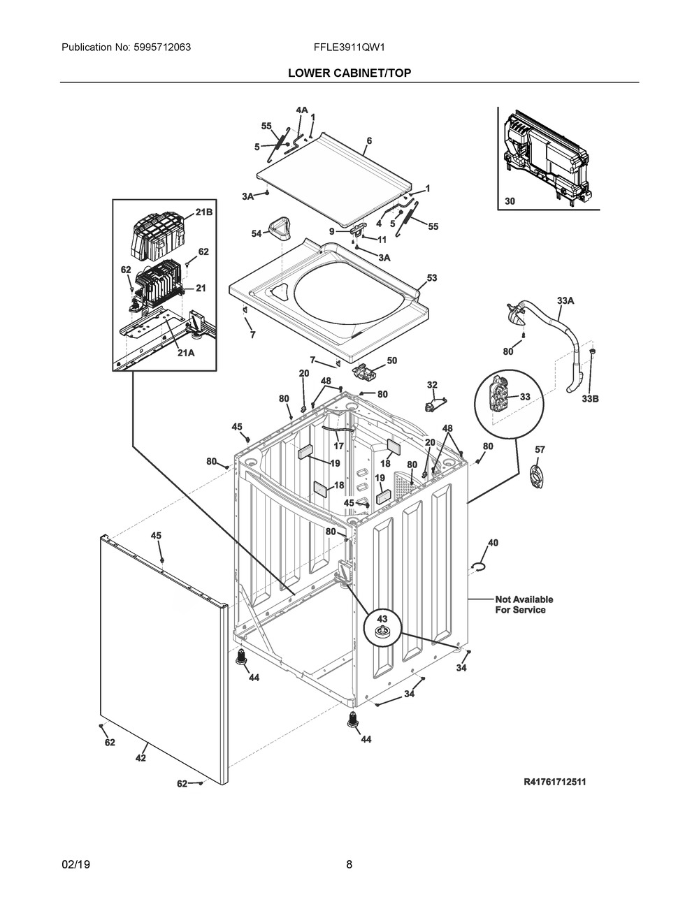 Lower Cabinet/top Diagram and Parts List for FFLE3911QW1  Frigidaire Washer Dryer Combo