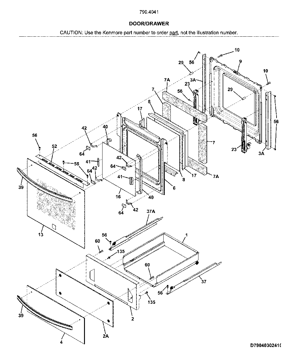 Door/drawer Diagram and Parts List for 79040419810  Kenmore Wall Oven