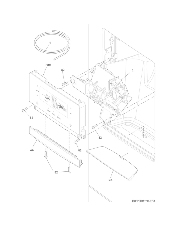 Controls & Ice Dispenser Diagram and Parts List for DGHF2360PF5A  Frigidaire Refrigerator