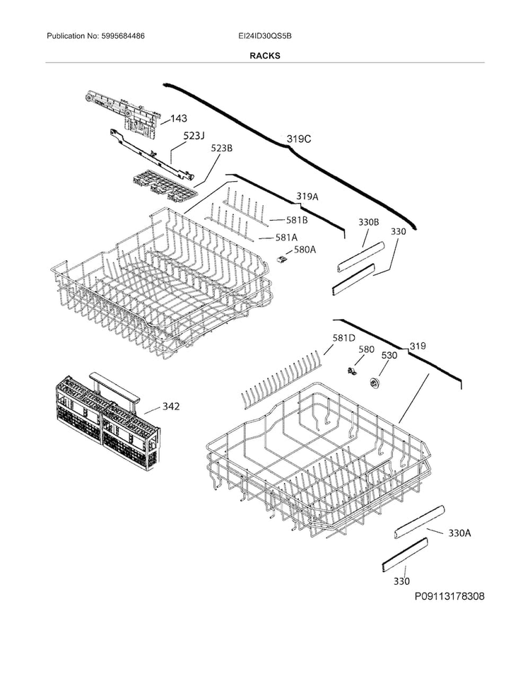 Racks Diagram and Parts List for EI24ID30QS5B  Electrolux Dishwasher