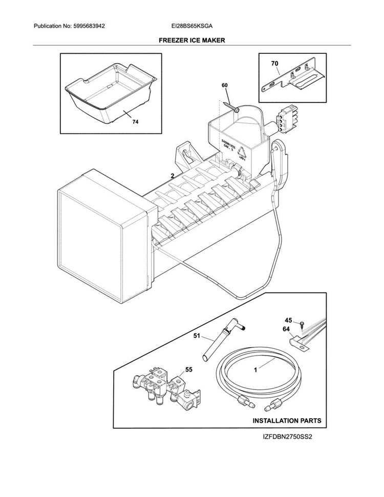 Freezer Ice Maker Diagram and Parts List for EI28BS65KSGA  Electrolux Refrigerator