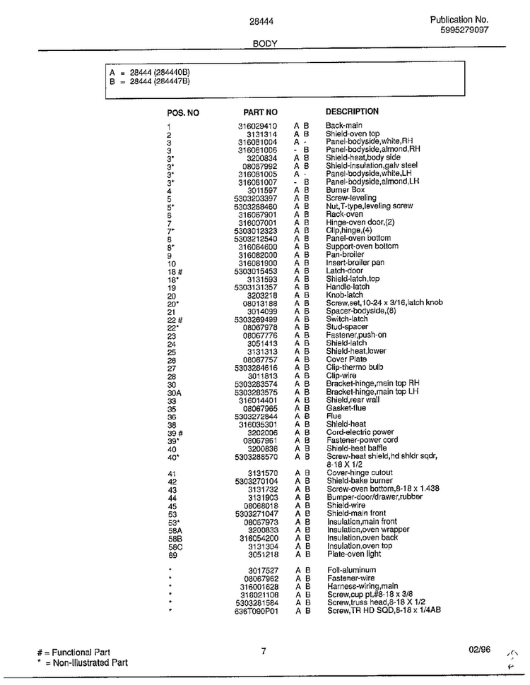 Body Page 2 Diagram and Parts List for 284440B  Frigidaire Range