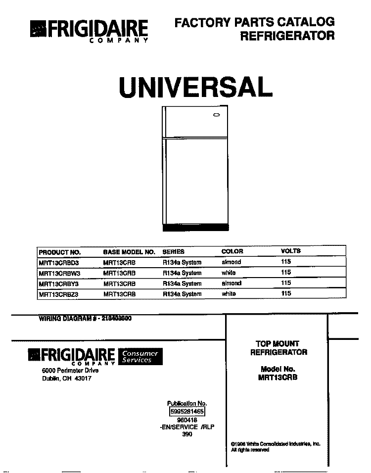 COVER Diagram and Parts List for MRT13CRBD3  Frigidaire Refrigerator