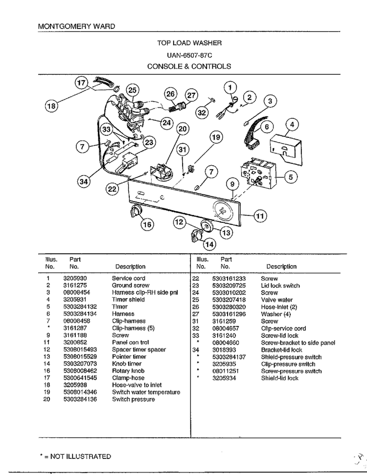 Console And Controls Diagram and Parts List for 6507-87C  Frigidaire Washer