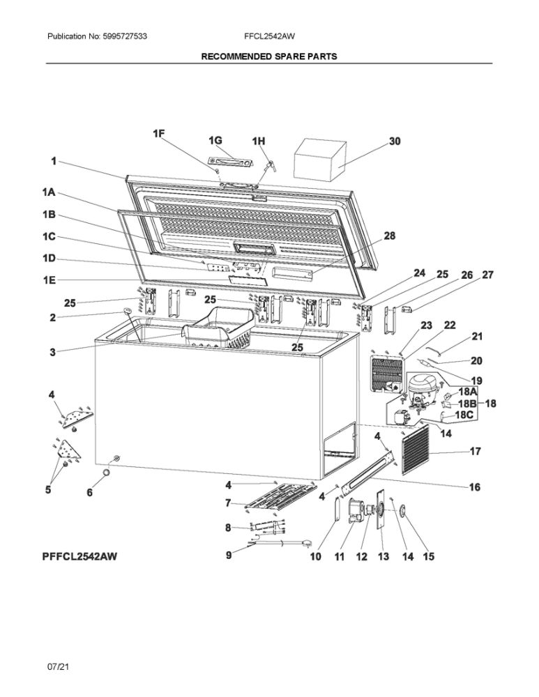 Recommended Spare Parts Diagram and Parts List for FFCL2542AW  Frigidaire Freezer