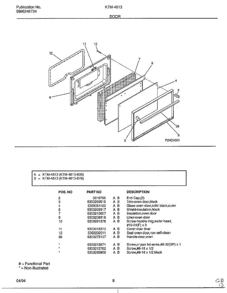 Door Diagram and Parts List for 4813-80B  Frigidaire Range