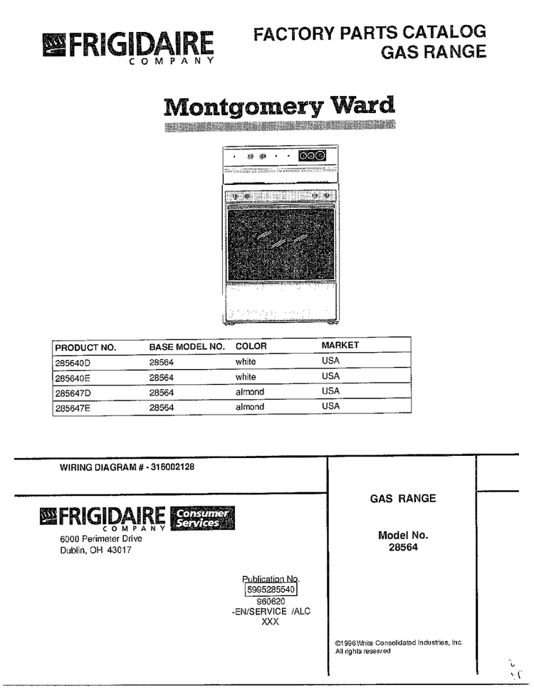Gas Range Diagram and Parts List for 285647D  Frigidaire Range