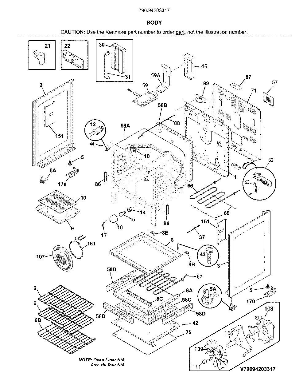 Body Diagram and Parts List for 79094203317  Kenmore Range