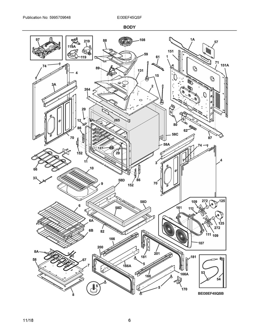 Body Diagram and Parts List for EI30EF45QSF  Frigidaire Range