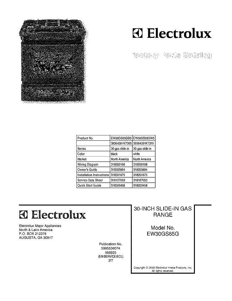 COVER Diagram and Parts List for EW30GS65GW5  Electrolux Range