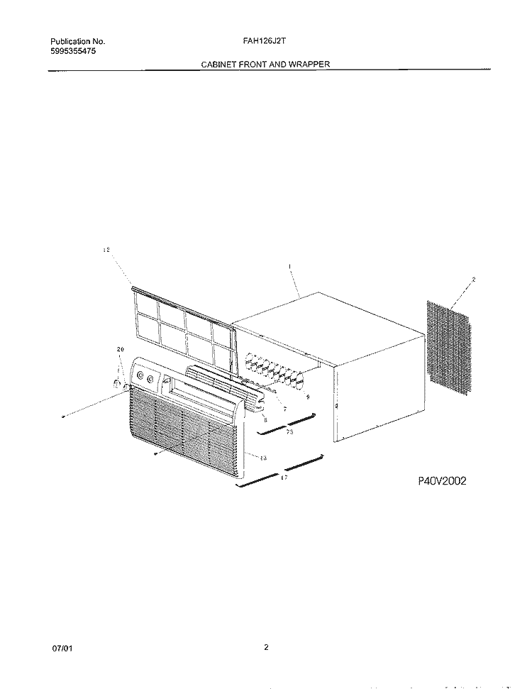 CABINET FRONT & WRAPPER Diagram and Parts List for FAH126J2T2  Frigidaire Air Conditioner