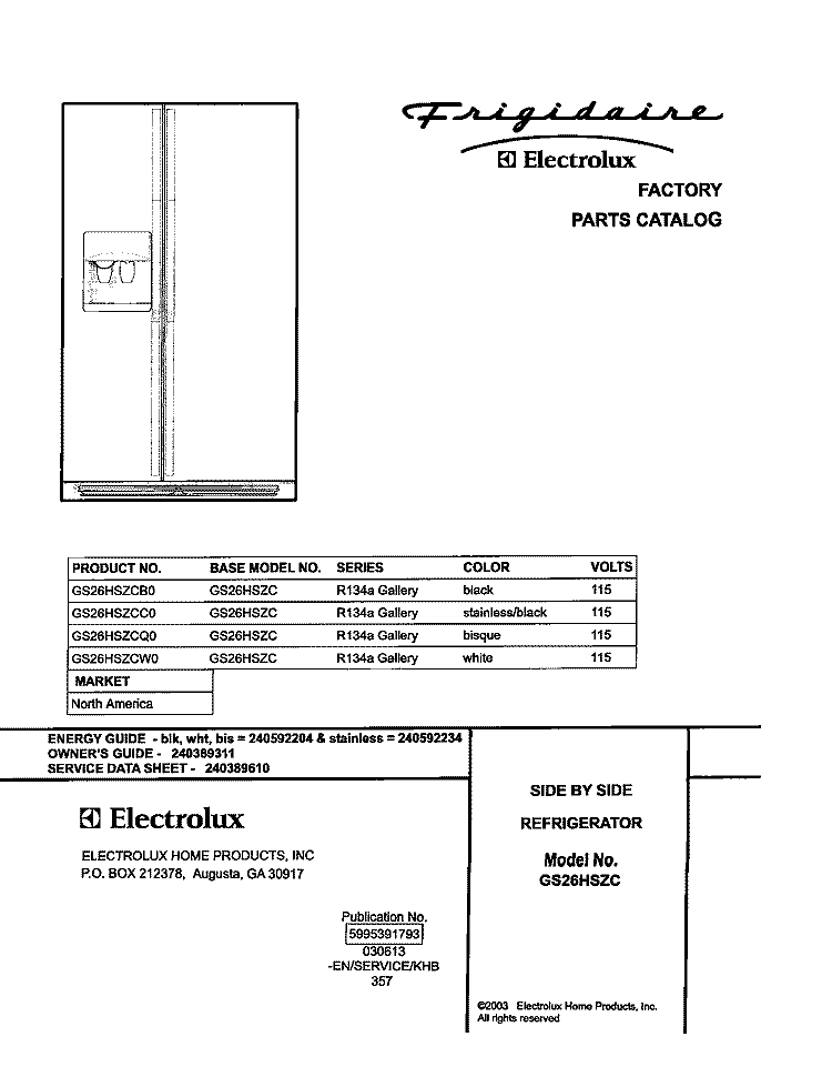 COVER Diagram and Parts List for GS26HSZCC0  Frigidaire Refrigerator
