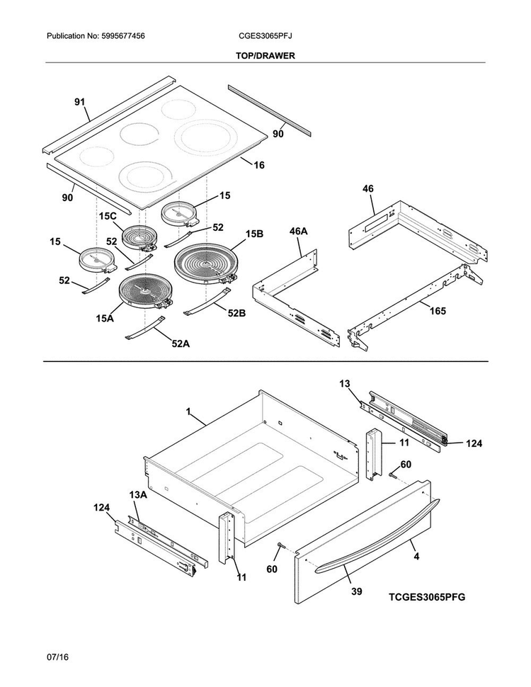 Top/drawer Diagram and Parts List for CGES3065PFJ  Frigidaire Range