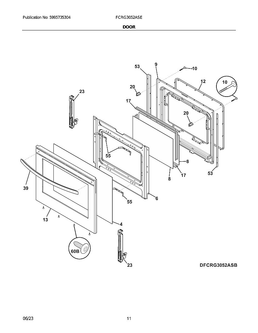 Door Diagram and Parts List for FCRG3052ASE  Frigidaire Range