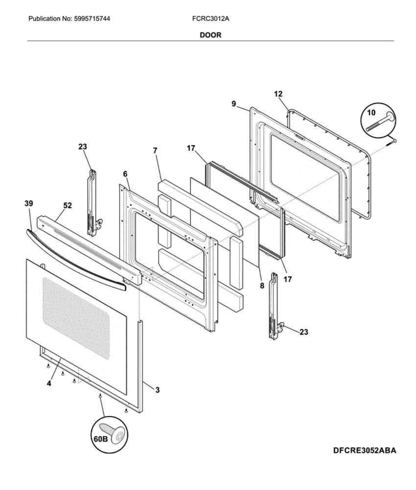 Door Diagram and Parts List for FCRC3012AWA  Frigidaire Range