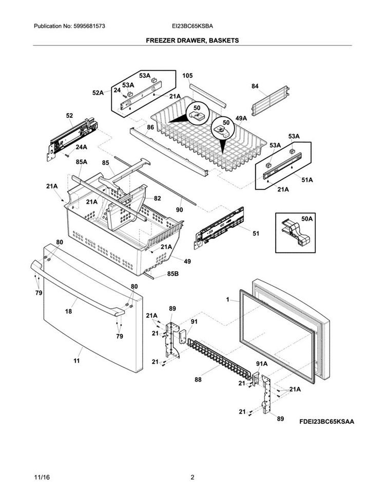 Freezer Drawer, Baskets Diagram and Parts List for EI23BC65KSBA  Electrolux Refrigerator
