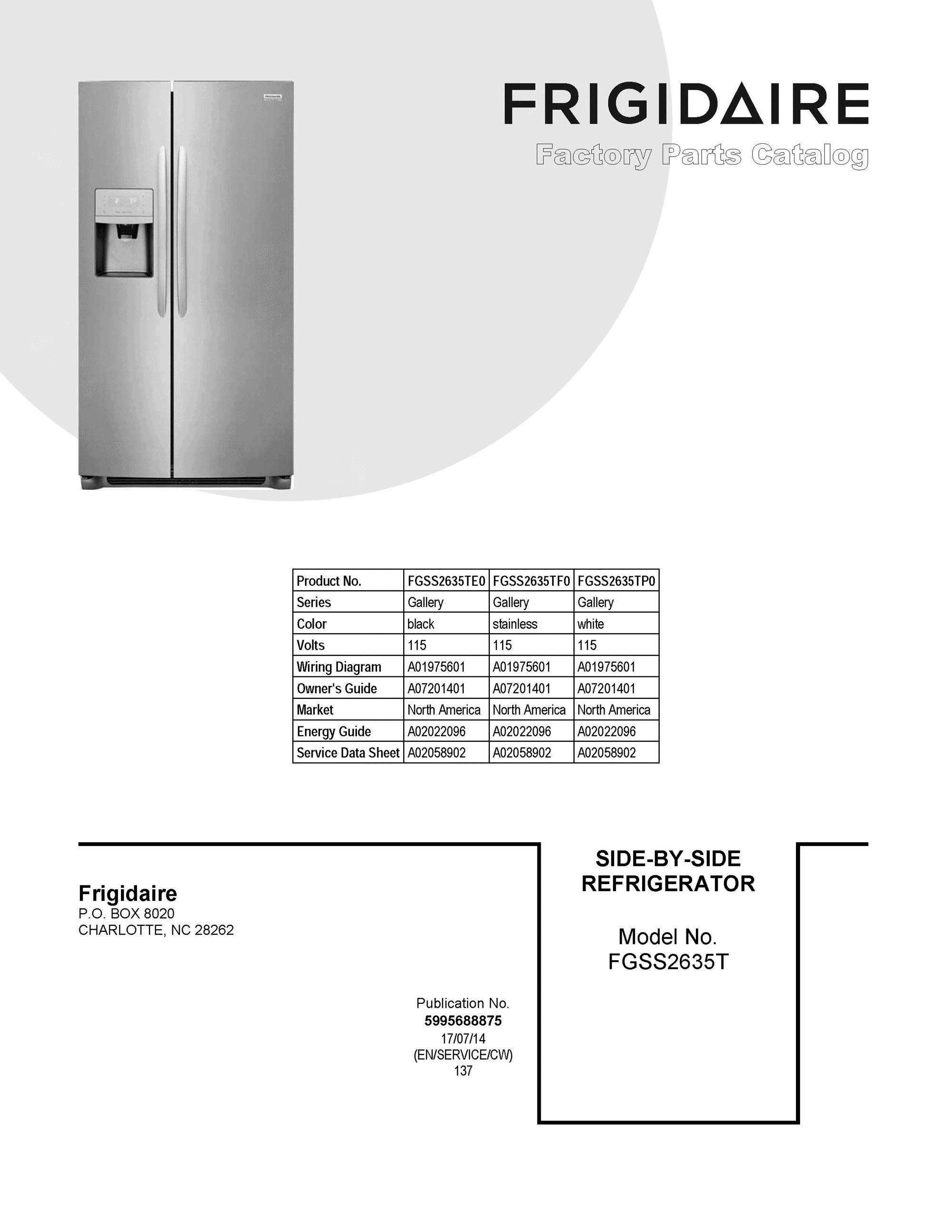 01 - COVER SHEET Diagram and Parts List for FGSS2635TP0  Frigidaire Refrigerator