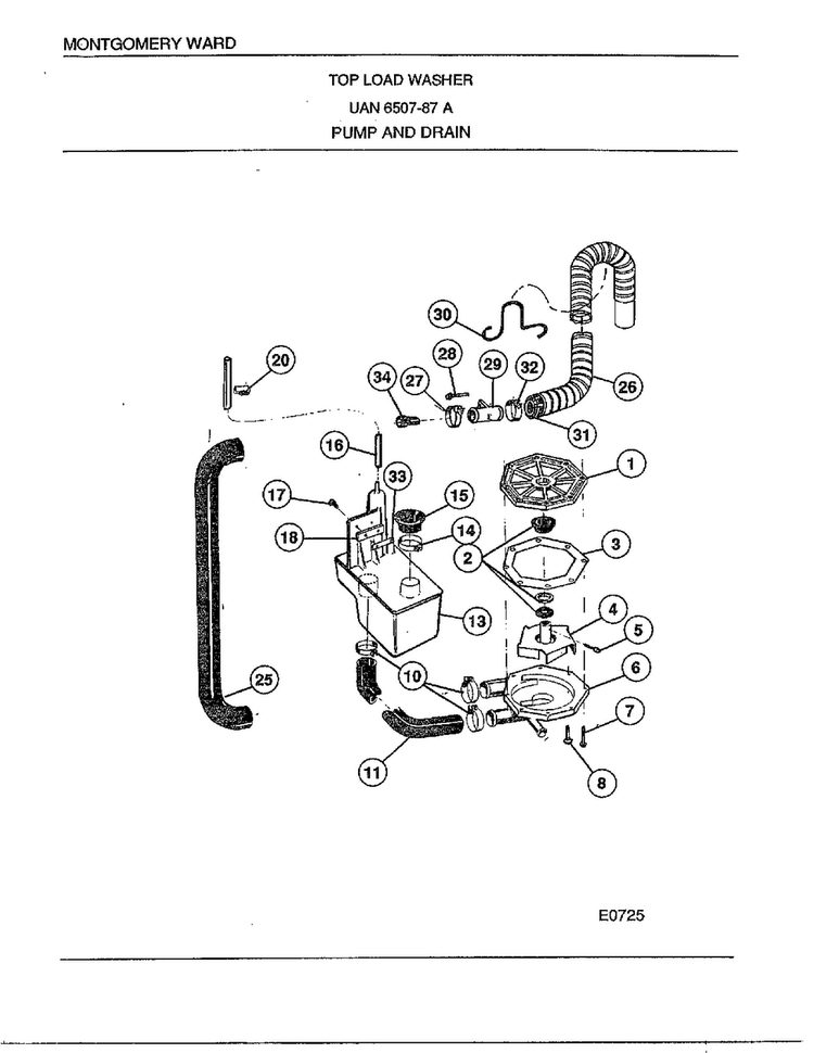 Top Load Washer/ Pump And Drain Diagram and Parts List for 6507-87A  Frigidaire Washer
