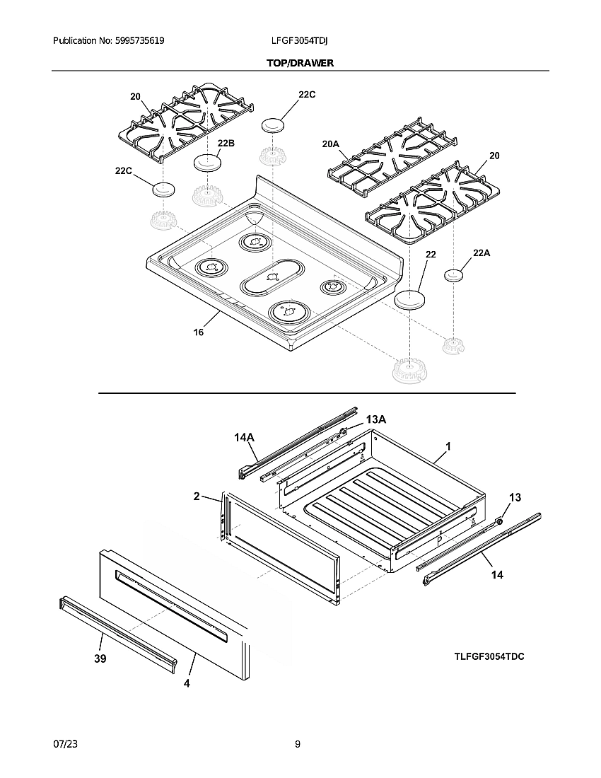 Top/Drawer Diagram and Parts List for LFGF3054TDJ  Electrolux Range