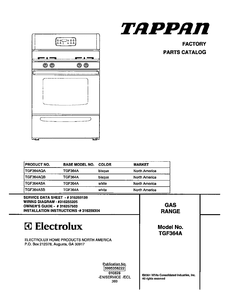 COVER Diagram and Parts List for TGF364AQB  Tappan Range