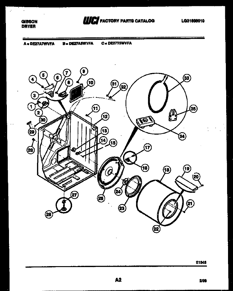 CABINET AND COMPONENT PARTS Diagram and Parts List for DE27A7WVFA  Gibson Dryer