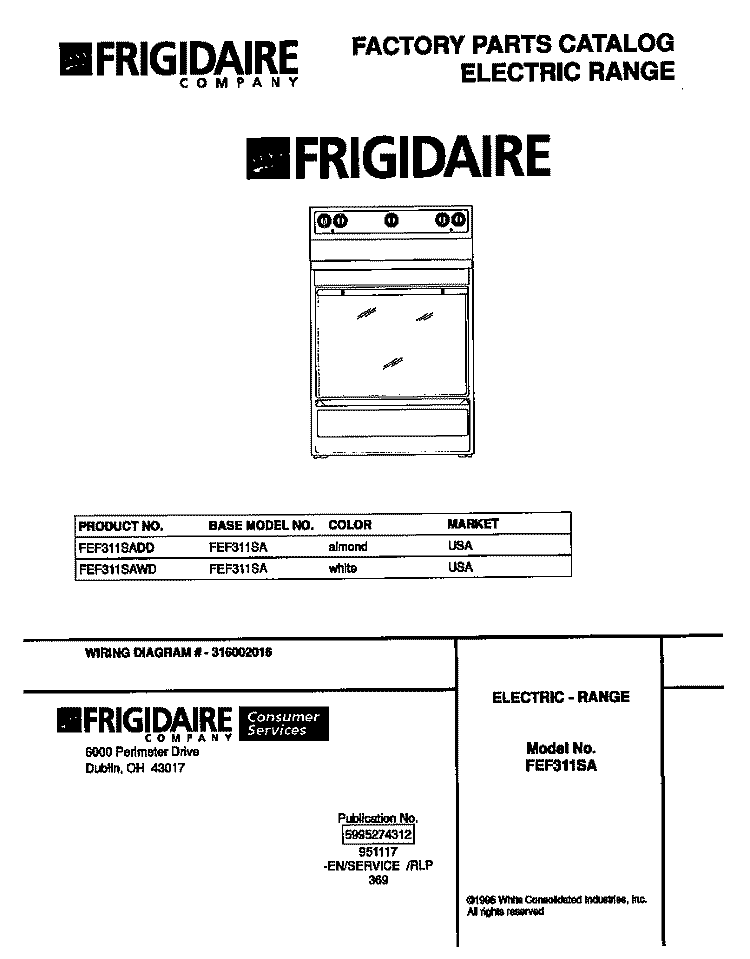 COVER Diagram and Parts List for FEF311SADD  Frigidaire Range