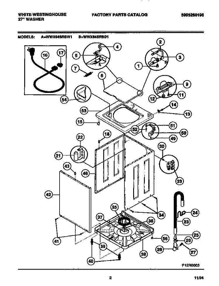 CABINET, TOP PANEL, BASE Diagram and Parts List for WWX645RBD1  Frigidaire Washer