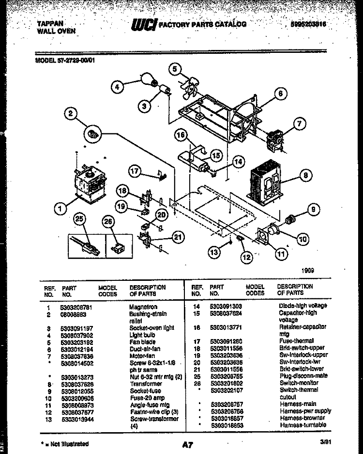 POWER CONTROL Diagram and Parts List for 57-2729-00-01  Tappan Microwave Oven Combo
