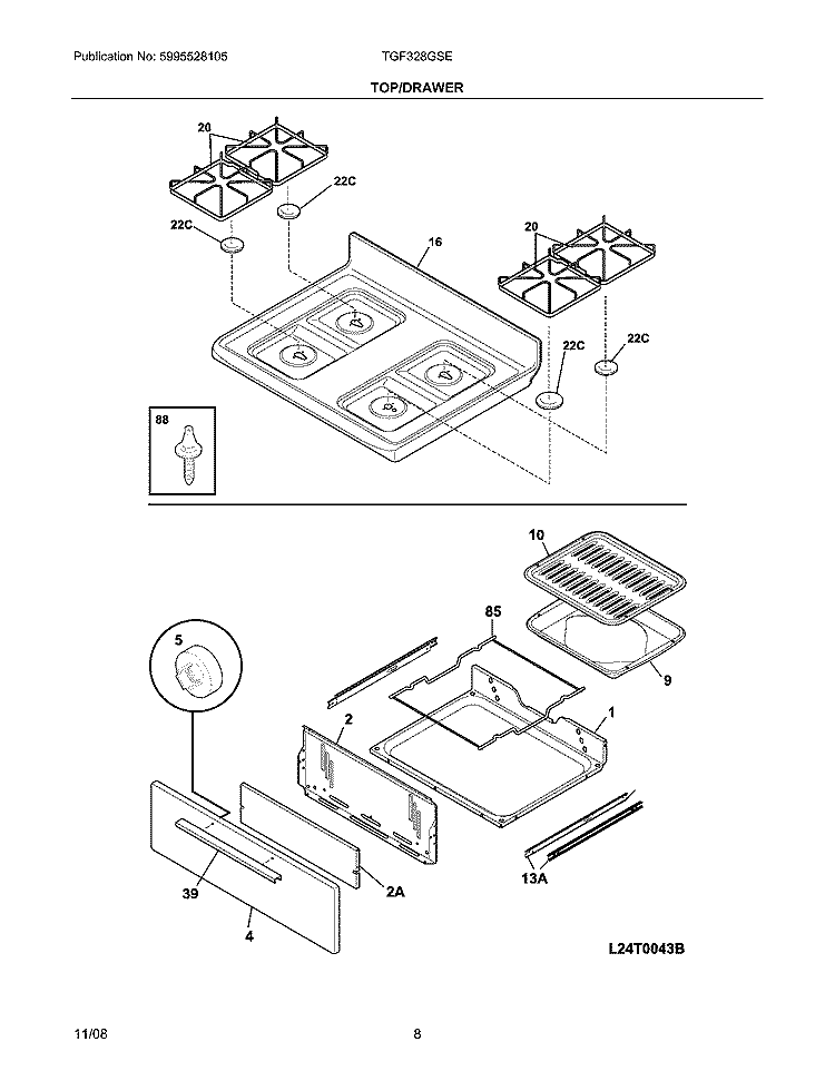 TOP/DRAWER Diagram and Parts List for TGF328GSE  Tappan Range