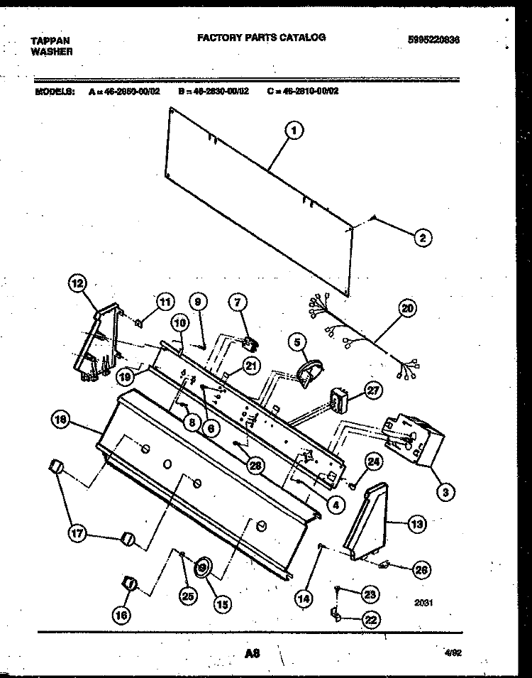CONSOLE AND CONTROL PARTS Diagram and Parts List for 46-2850-00-02  Tappan Washer