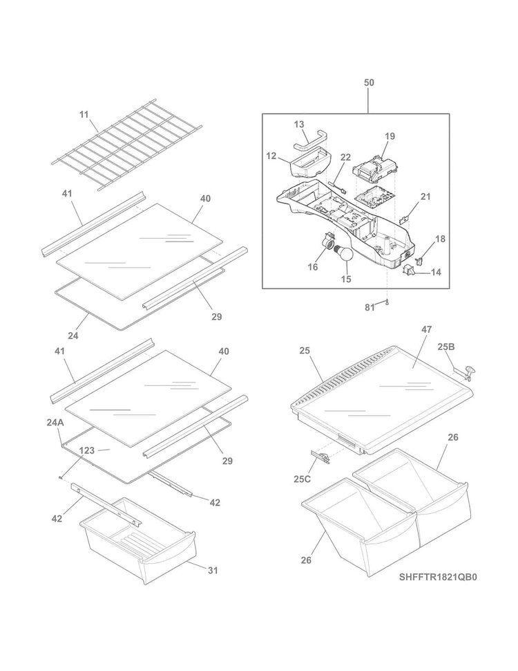 Shelves Diagram and Parts List for FFTR1821QW4  Frigidaire Refrigerator