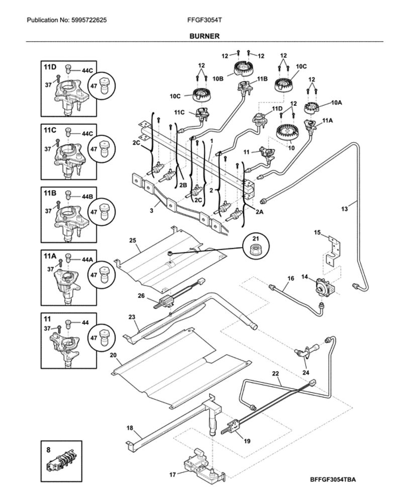 Burner Diagram and Parts List for FFGF3054TWF  Frigidaire Range