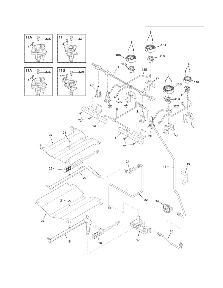 Burner Diagram and Parts List for FFGS3025LSE  Frigidaire Range