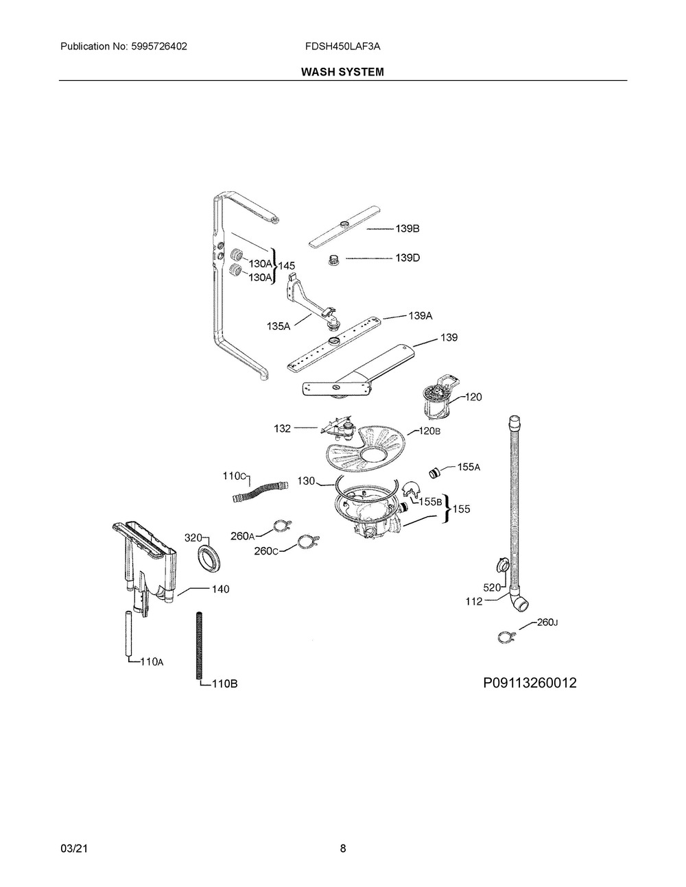 Wash System Diagram and Parts List for FDSH450LAF3A  Frigidaire Dishwasher