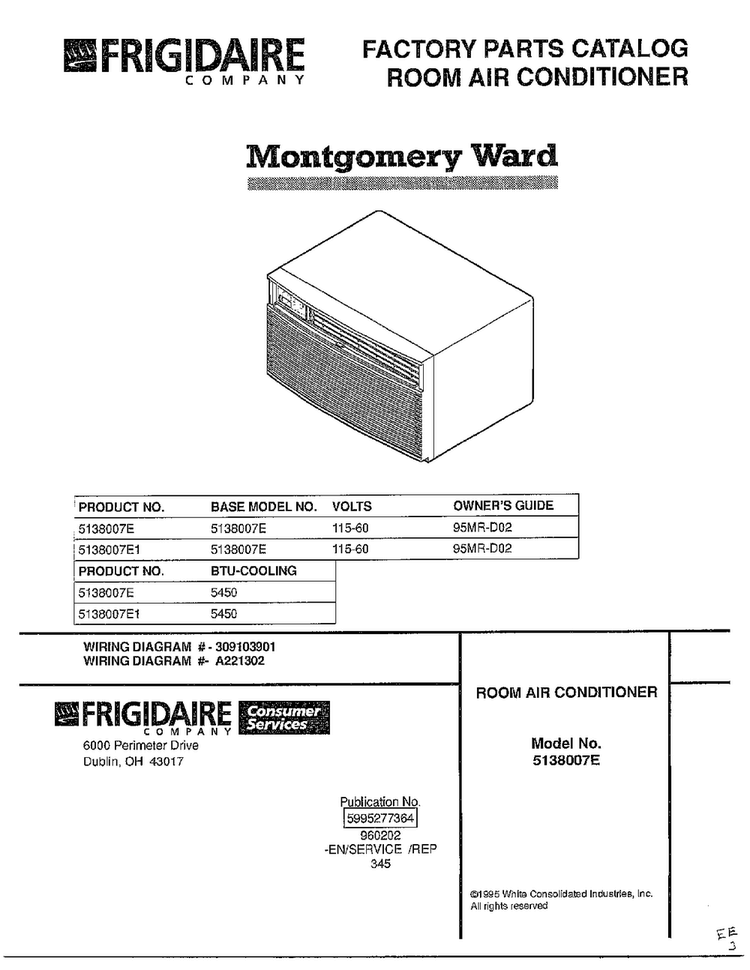 Room Air Conditioner Cover Page Diagram and Parts List for 5138007E  Frigidaire Air Conditioner