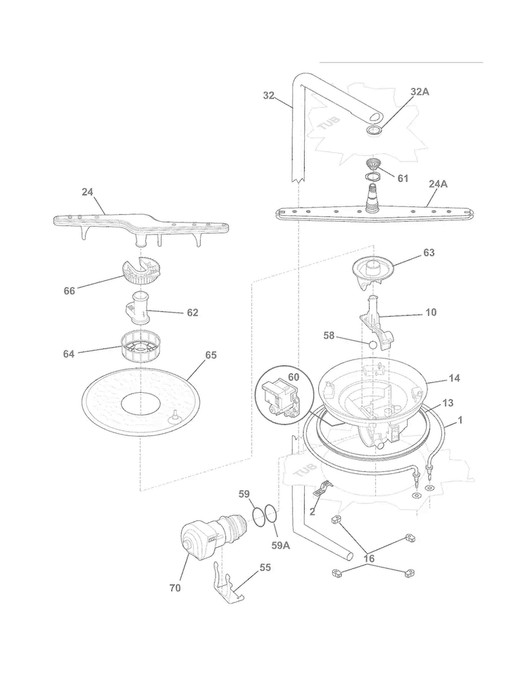 Motor & Pump Diagram and Parts List for FDB520RHB3B  Frigidaire Dishwasher