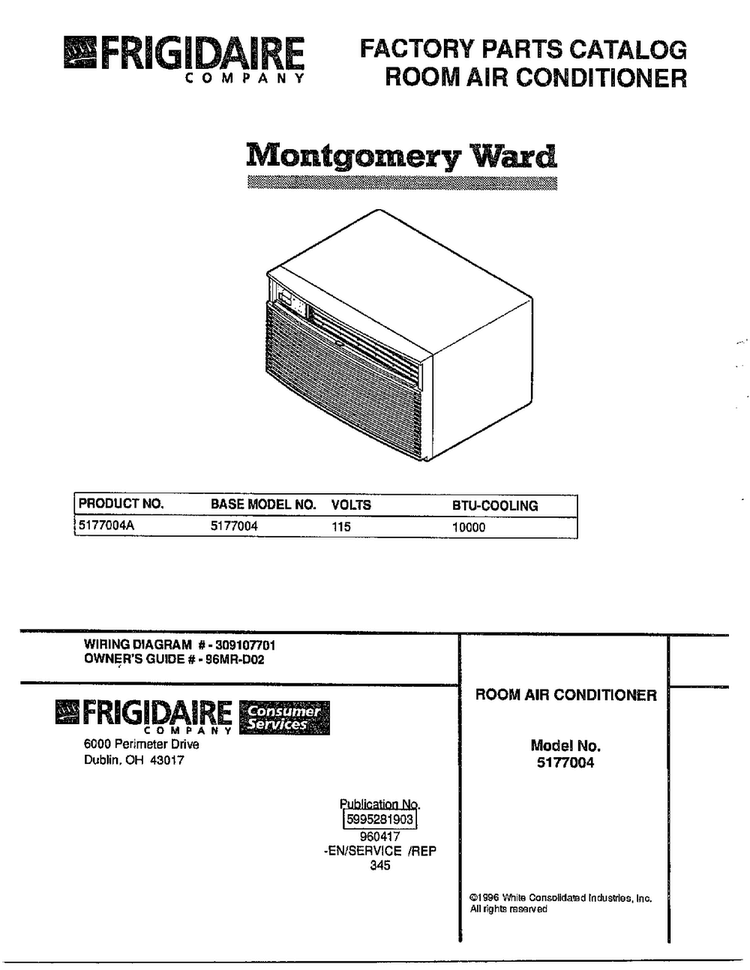 Room Air Conditioner Diagram and Parts List for 5177004A  Frigidaire Air Conditioner