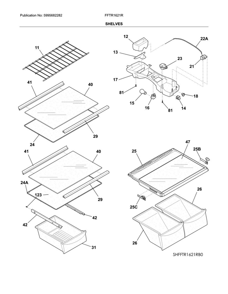 Shelves Diagram and Parts List for FFTR1621RW2  Frigidaire Refrigerator