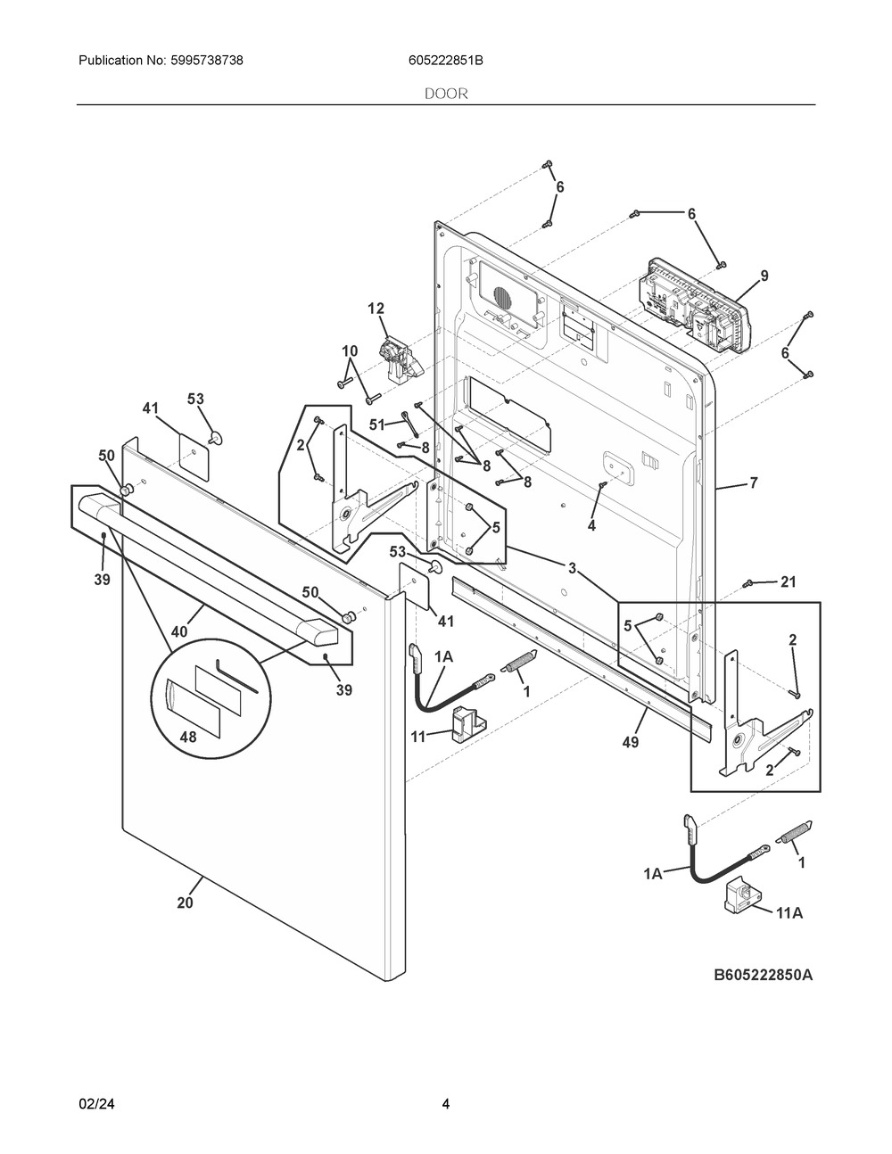 Door Diagram and Parts List for 605222851B  Frigidaire Dishwasher