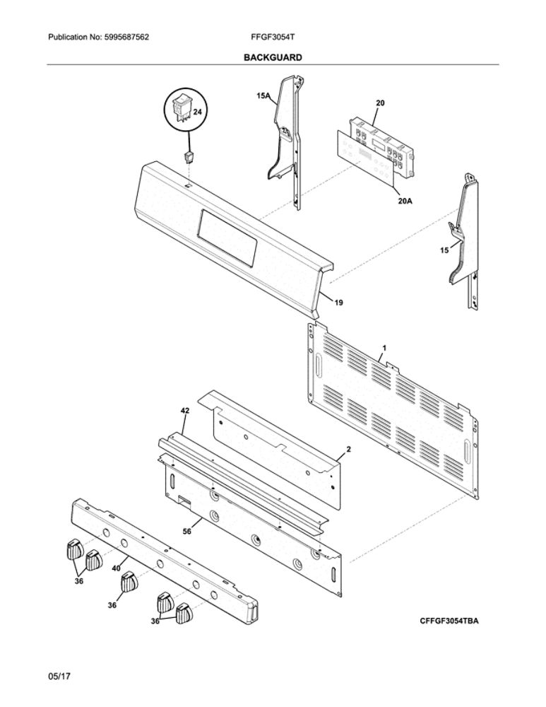 Backguard Diagram and Parts List for FFGF3054TWA  Frigidaire Range