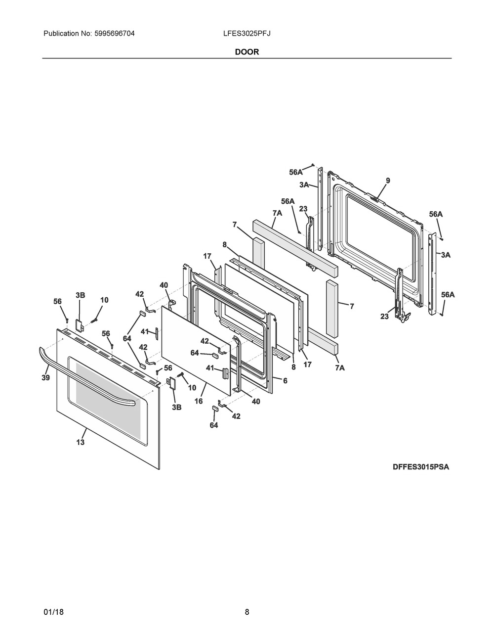 Door Diagram and Parts List for LFES3025PFJ  Frigidaire Range