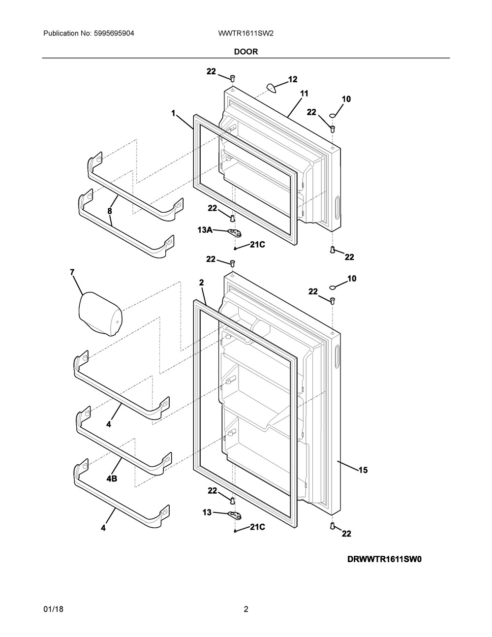 Door Diagram and Parts List for WWTR1611SW2  Frigidaire Refrigerator