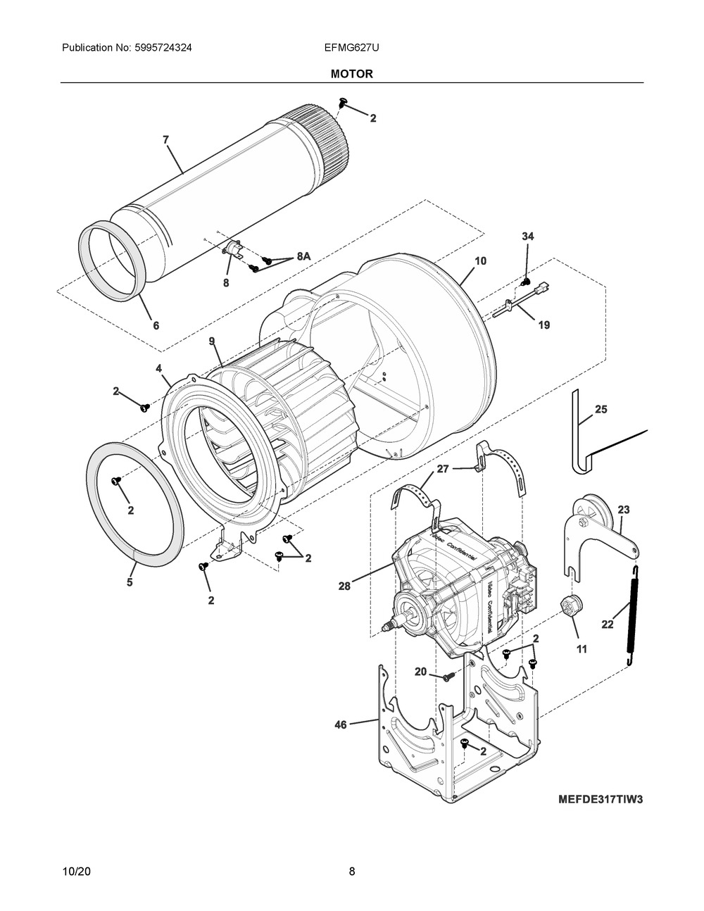 Motor Diagram and Parts List for EFMG627UTT1  Frigidaire Dryer