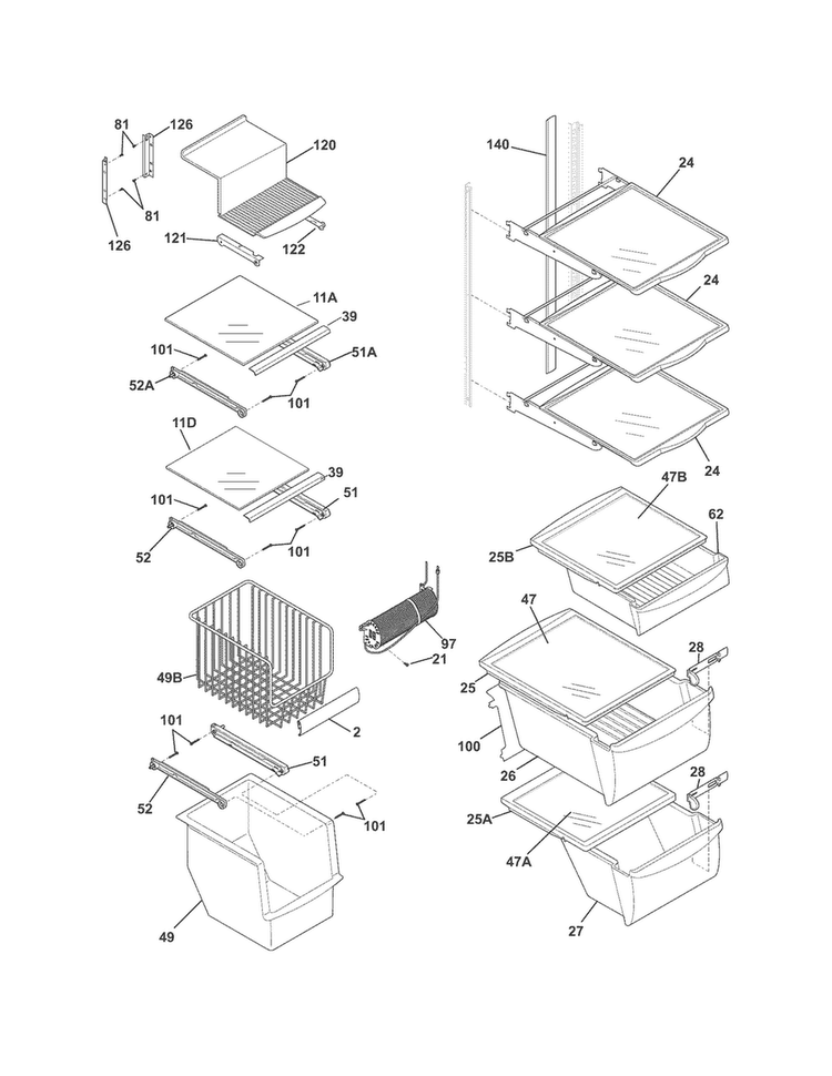 Shelves Diagram and Parts List for FPHS2399PF0  Frigidaire Refrigerator