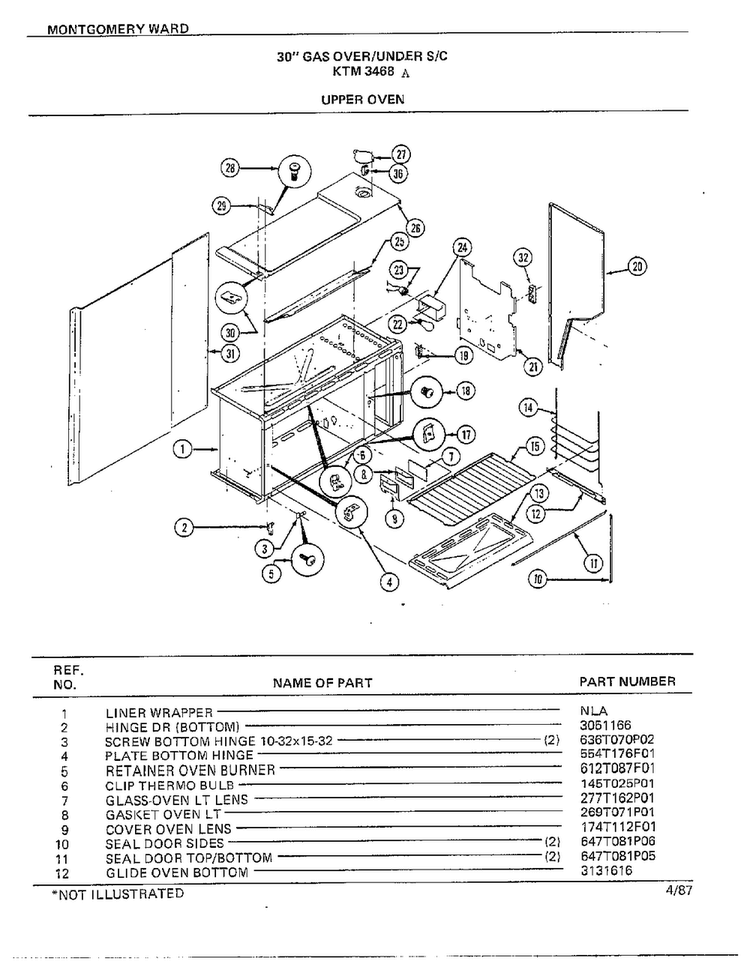 30" Gas Over/under Upper Oven Diagram and Parts List for 3468A  Frigidaire Range
