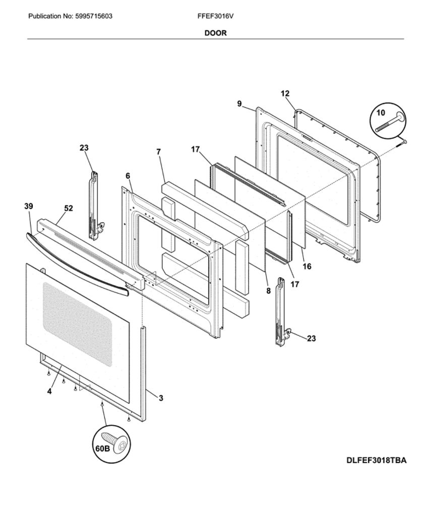 Door Diagram and Parts List for FFEF3016VBA  Frigidaire Range