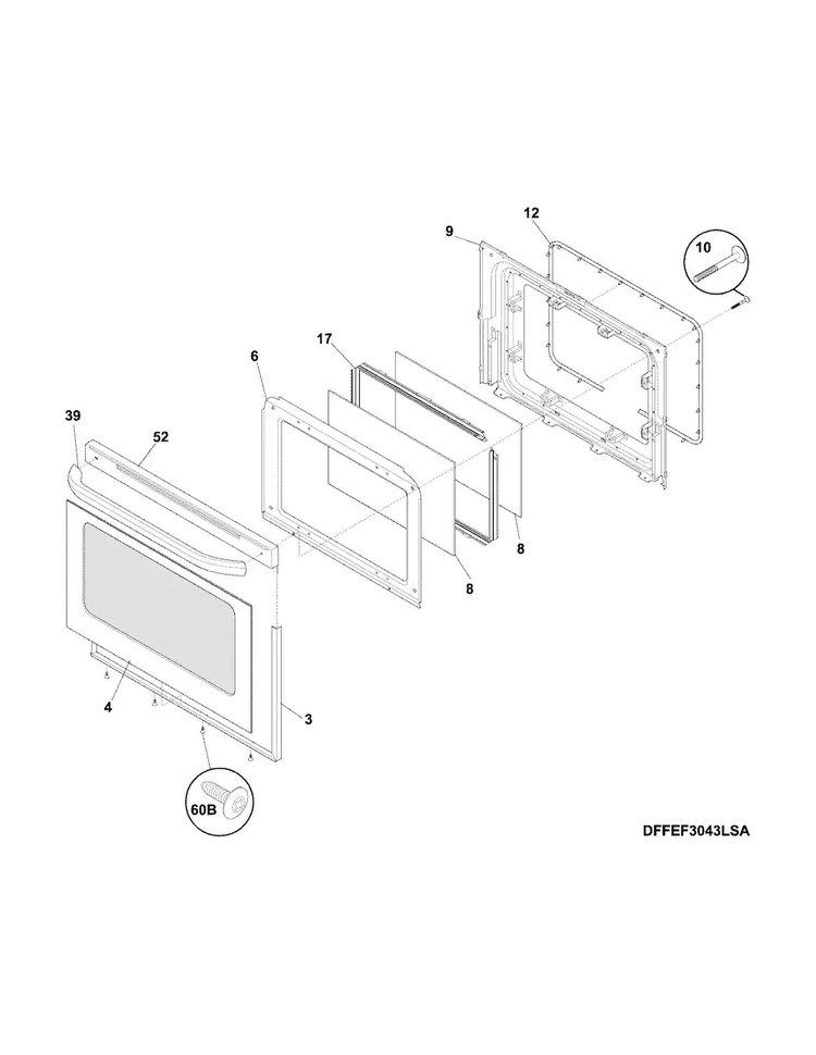 Door Diagram and Parts List for FFEF3043LSM  Frigidaire Range