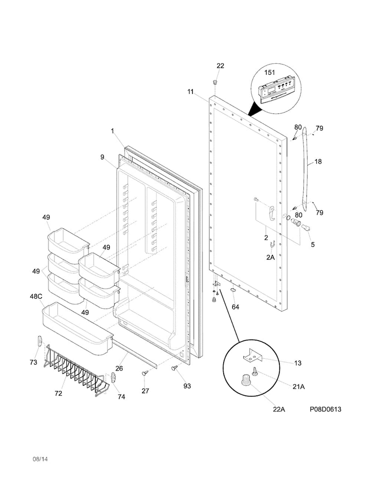 Door Diagram and Parts List for FKFH21F7HWE  Frigidaire Freezer