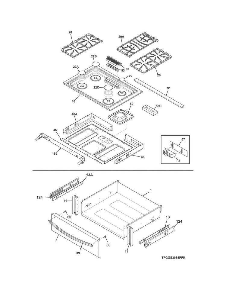 Top/drawer Diagram and Parts List for FGGS3065PFN  Frigidaire Range