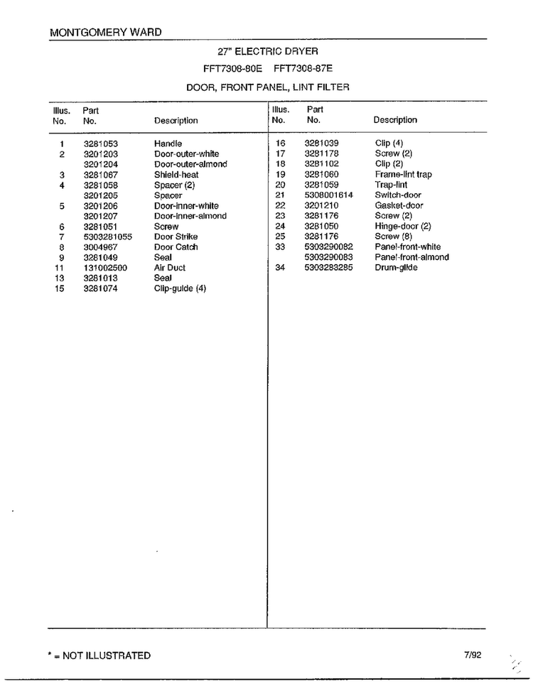 Door/front Panel/lint Filter Page 2 Diagram and Parts List for 7308-80E  Frigidaire Dryer